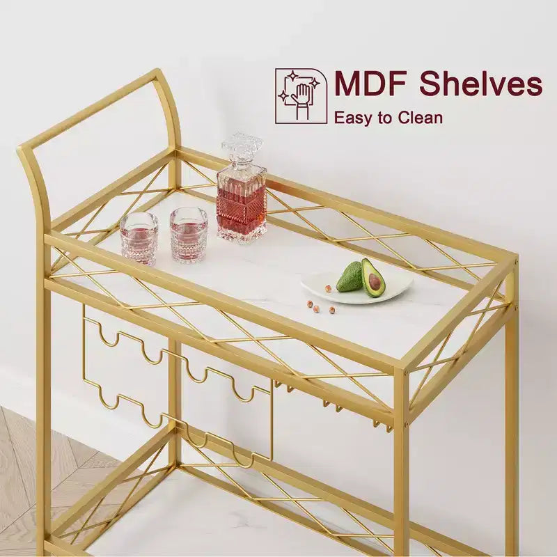 Gold Bar Carts with 2-Tiers Storage Shelves, Mobile Kitchen Seving Carts on Wheels with Wine Rack and Glass Holder for Kitchen, Living Room