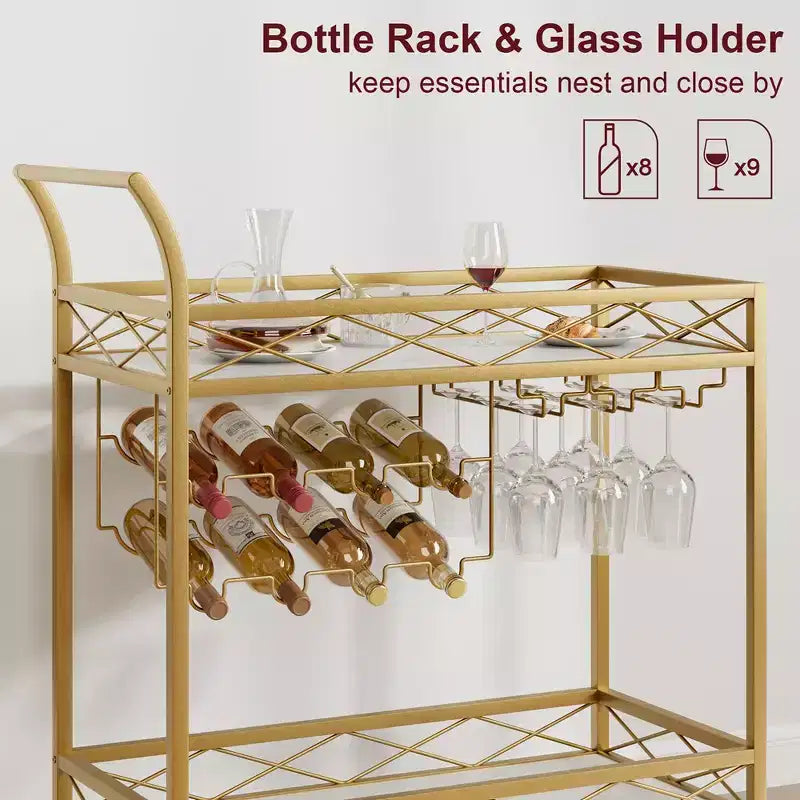 Gold Bar Carts with 2-Tiers Storage Shelves, Mobile Kitchen Seving Carts on Wheels with Wine Rack and Glass Holder for Kitchen, Living Room