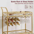 Gold Bar Carts with 2-Tiers Storage Shelves, Mobile Kitchen Seving Carts on Wheels with Wine Rack and Glass Holder for Kitchen, Living Room