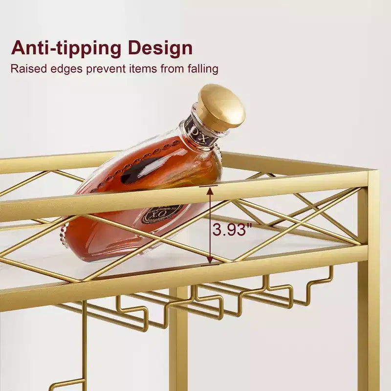 Gold Bar Carts with 2-Tiers Storage Shelves, Mobile Kitchen Seving Carts on Wheels with Wine Rack and Glass Holder for Kitchen, Living Room
