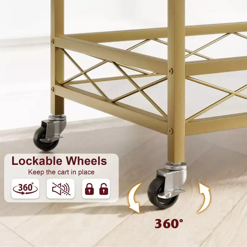 Gold Bar Carts with 2-Tiers Storage Shelves, Mobile Kitchen Seving Carts on Wheels with Wine Rack and Glass Holder for Kitchen, Living Room