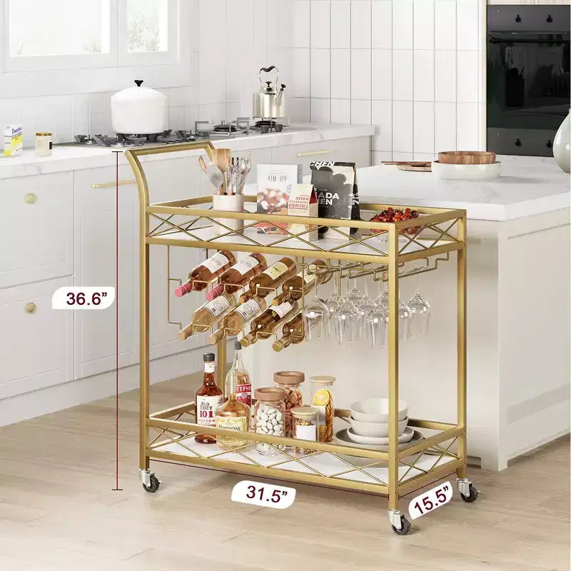 Gold Bar Carts with 2-Tiers Storage Shelves, Mobile Kitchen Seving Carts on Wheels with Wine Rack and Glass Holder for Kitchen, Living Room