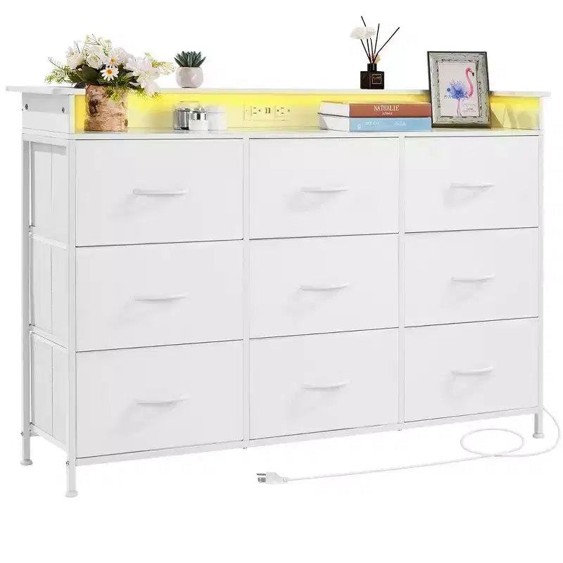 9-Drawer Fabric Dresser with LED Lights Built-In Outlet Metal Frame Tall Storage Tower White