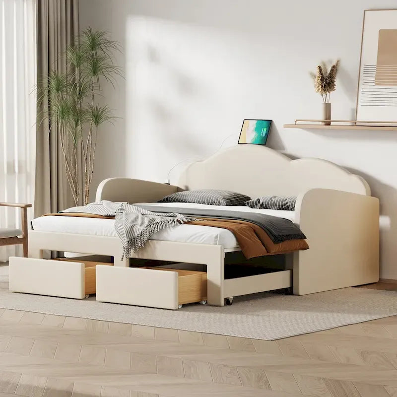 Twin Size Upholstered daybed with Trundle & 2 Drawers