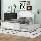 Letto a piattaforma matrimoniale in legno con testiera e rotelle singole, bianco