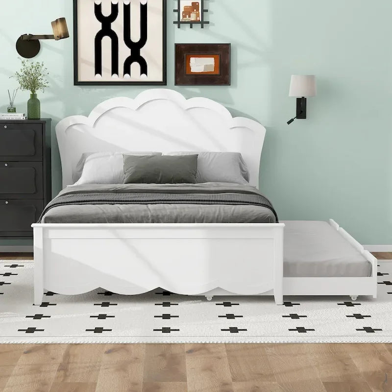 Letto a piattaforma matrimoniale in legno con testiera e rotelle singole, bianco
