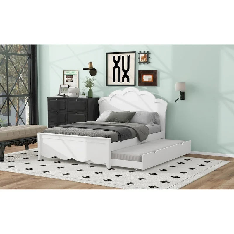 Letto a piattaforma matrimoniale in legno con testiera e rotelle singole, bianco