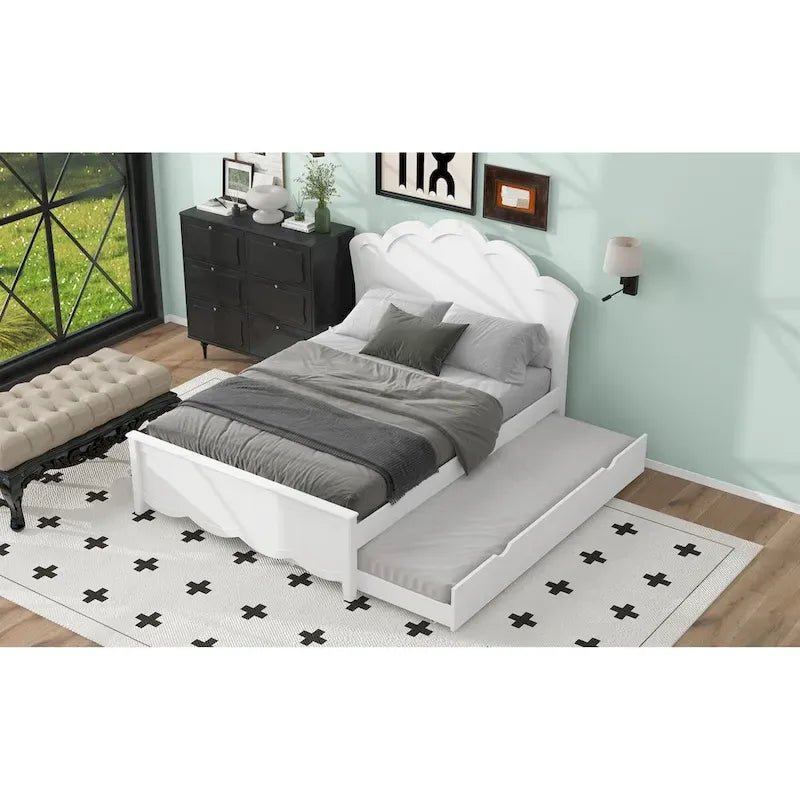 Letto a piattaforma matrimoniale in legno con testiera e rotelle singole, bianco