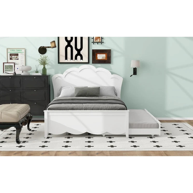 Letto a piattaforma matrimoniale in legno con testiera e rotelle singole, bianco