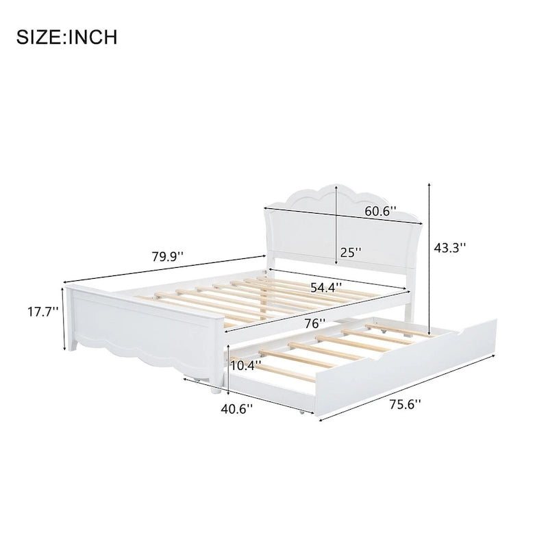 Letto a piattaforma matrimoniale in legno con testiera e rotelle singole, bianco