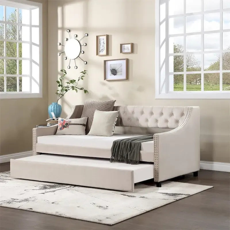Full Size Daybed with Trundle Upholstered Tufted Sofa Bed with Button