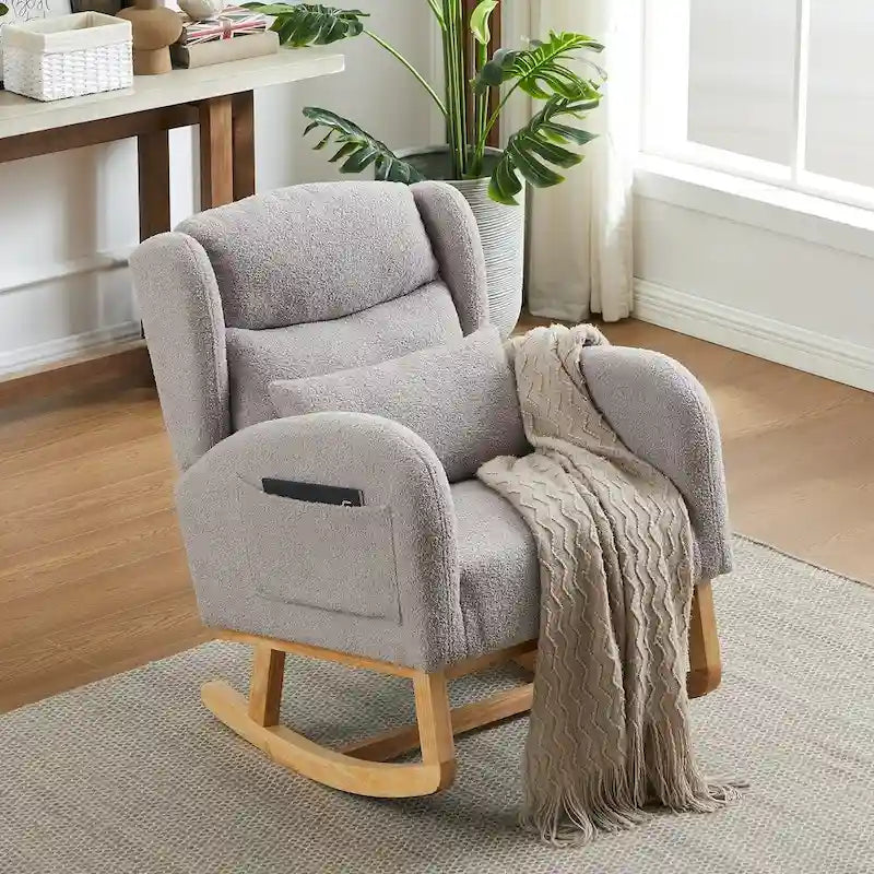 Modern Accent High Backrest Living Room Lounge Arm Rocking Chair, Two Side Pocket