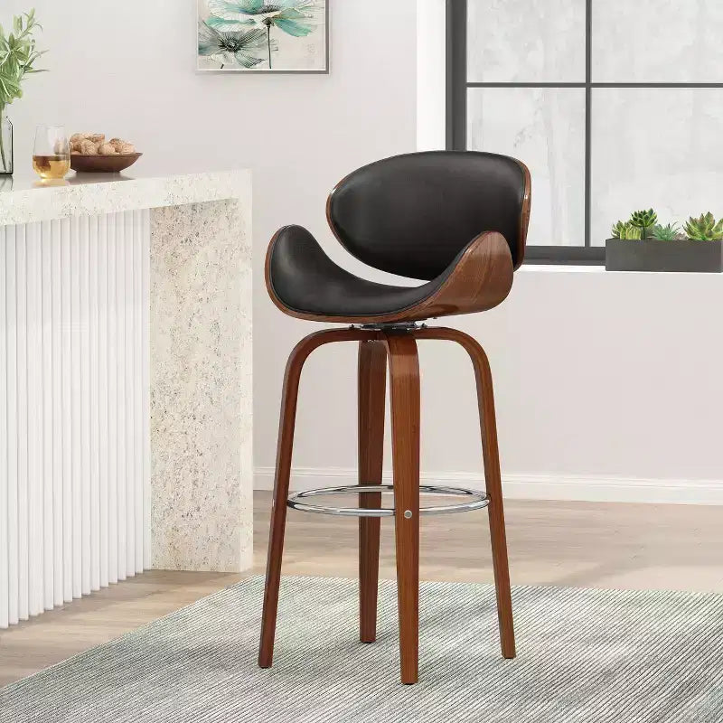 Sgabello da bar girevole GDFStudio Candler da 76 cm, in finta pelle e legno, stile Mid-Century Modern