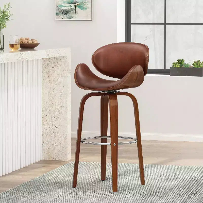Sgabello da bar girevole GDFStudio Candler da 76 cm, in finta pelle e legno, stile Mid-Century Modern