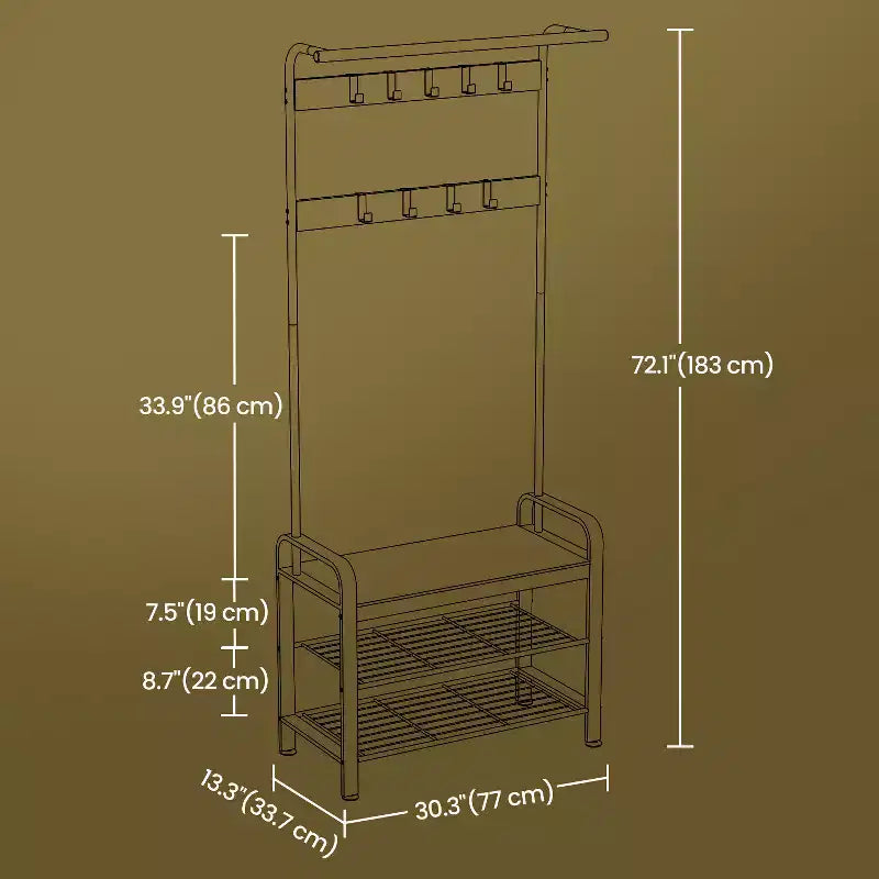 Appendiabiti, Mobile Ingresso con Scarpiera e Panchina, 4-in-1, con 9 Ganci Rimovibili, Asta Appendiabiti