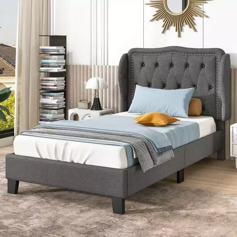 Costway Struttura Letto Singolo con Testiera Imbottita in Tessuto e Supporto a Doghe in Legno