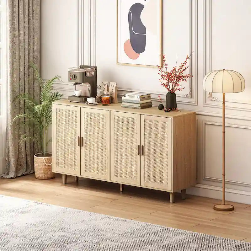 4-door Rattan Decorative Storage Cabinet - 62.2L x 15.75W x 34.25H