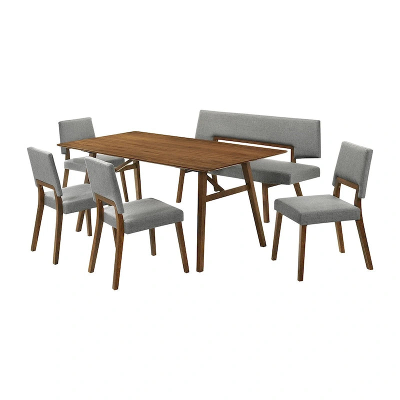 Set da pranzo Yumi da 6 pezzi, tavolo, sedie, panca, tessuto grigio, legno marrone