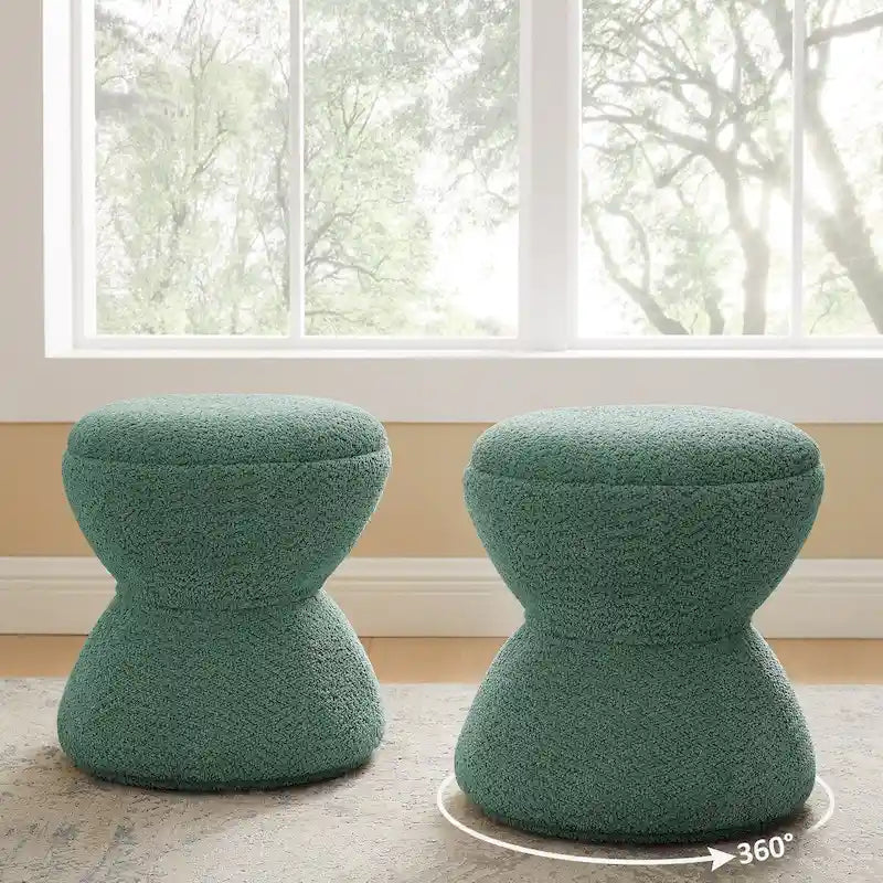 VANOMi Djembe Boucle Upholstered Ottoman with Swivel Base, Pouf, Swivel Vanity Stool for Living Room, Walk-in Closet (Set of 2)