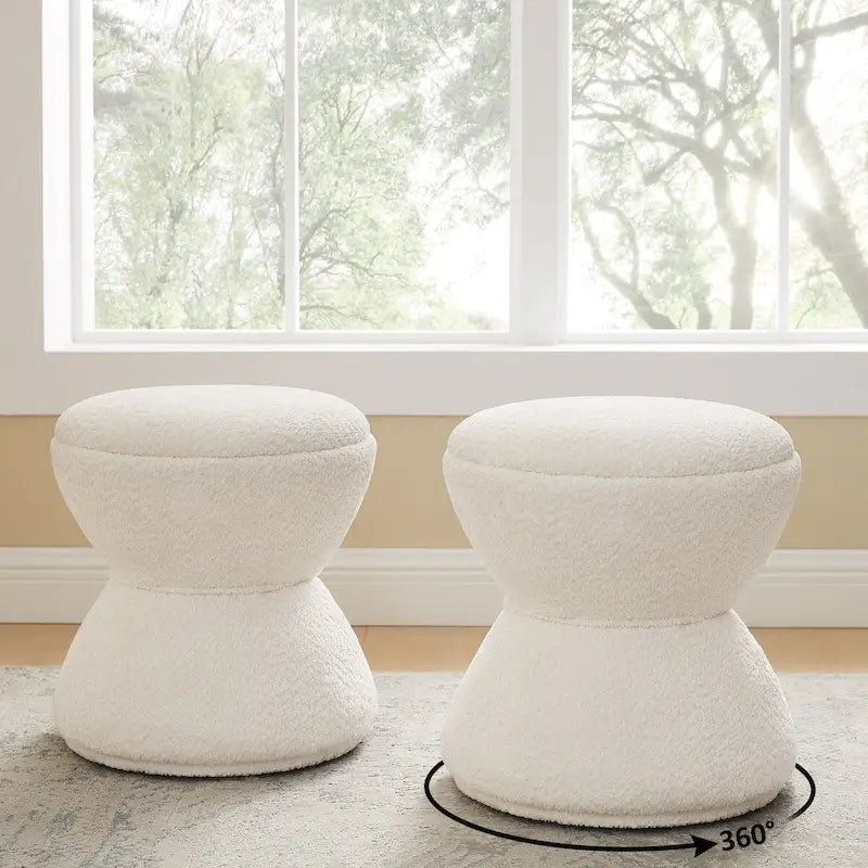 VANOMi Djembe Boucle Upholstered Ottoman with Swivel Base, Pouf, Swivel Vanity Stool for Living Room, Walk-in Closet (Set of 2)