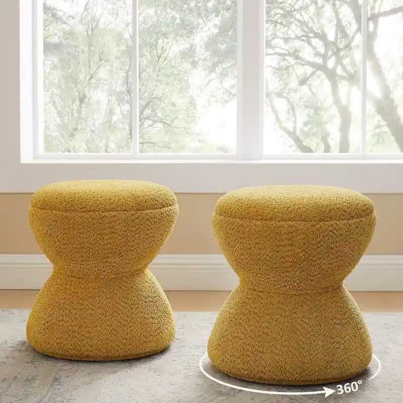 VANOMi Djembe Boucle Upholstered Ottoman with Swivel Base, Pouf, Swivel Vanity Stool for Living Room, Walk-in Closet (Set of 2)