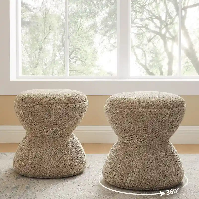 VANOMi Djembe Boucle Upholstered Ottoman with Swivel Base, Pouf, Swivel Vanity Stool for Living Room, Walk-in Closet (Set of 2)