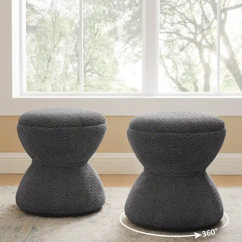 VANOMi Djembe Boucle Upholstered Ottoman with Swivel Base, Pouf, Swivel Vanity Stool for Living Room, Walk-in Closet (Set of 2)