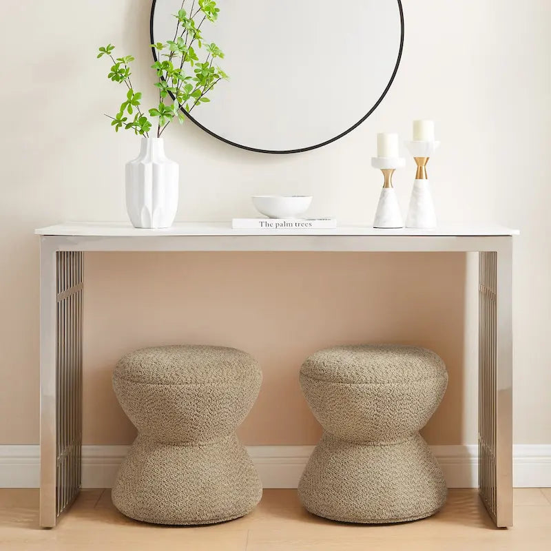 VANOMi Djembe Boucle Upholstered Ottoman with Swivel Base, Pouf, Swivel Vanity Stool for Living Room, Walk-in Closet (Set of 2)