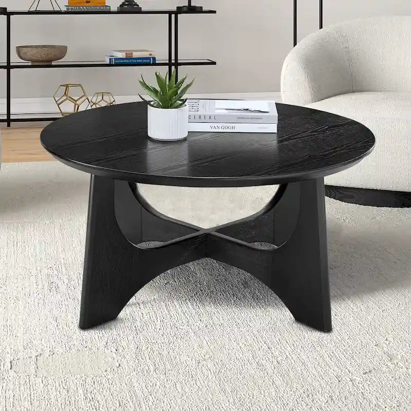 Contemporary Stylish Wooden Round Coffee Table With Eye-Catching Crossover Table Legs