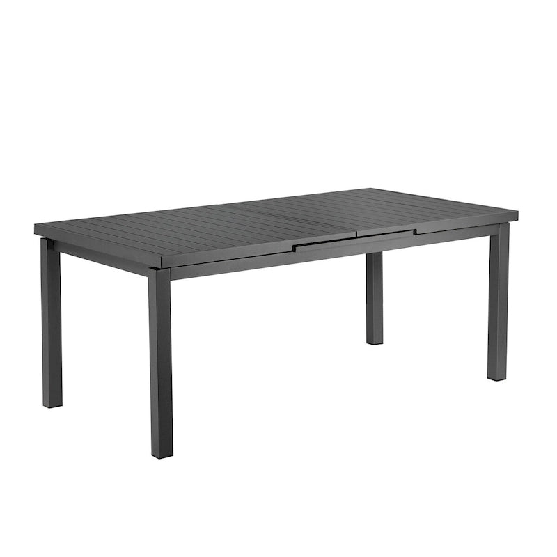 Tavolo da pranzo allungabile Meta 95 pollici, struttura in alluminio grigio, piano in stile doghe