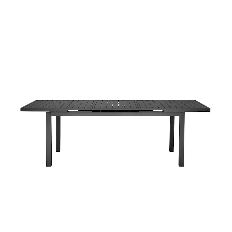 Tavolo da pranzo allungabile Meta 95 pollici, struttura in alluminio grigio, piano in stile doghe