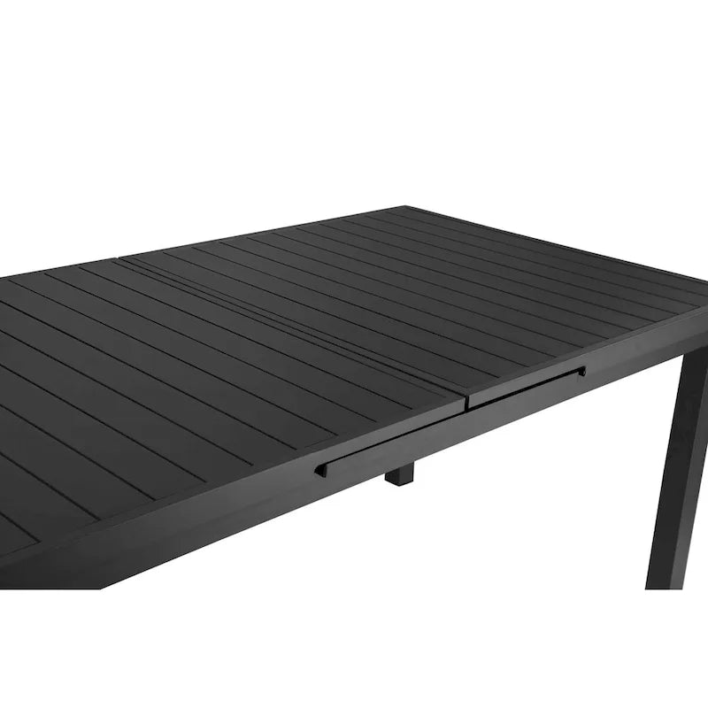 Tavolo da pranzo allungabile Meta 95 pollici, struttura in alluminio grigio, piano in stile doghe