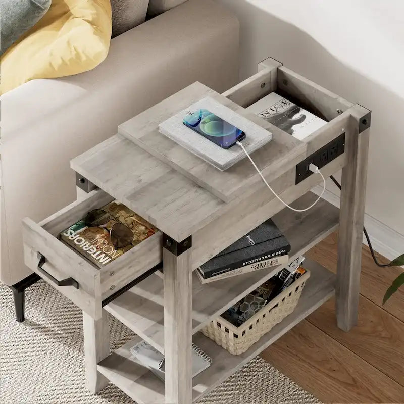 3-Tier Narrow Side Table with Drawer and Storage