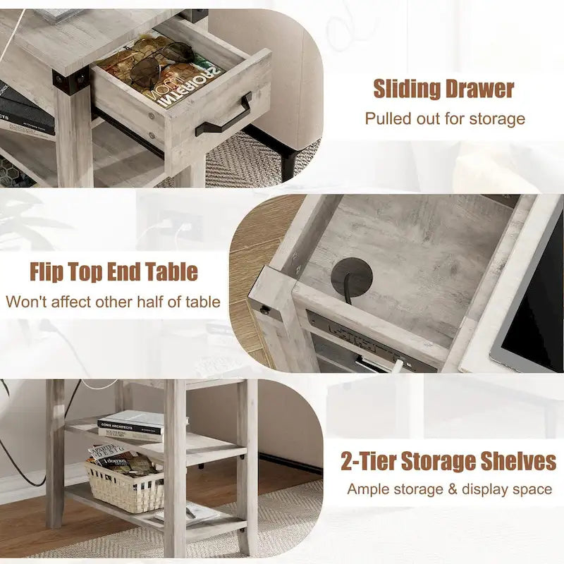 3-Tier Narrow Side Table with Drawer and Storage