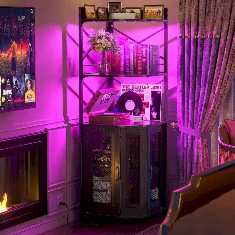 Corner Buffet Bar Cabinet with Top Hutch&Storage Shelves