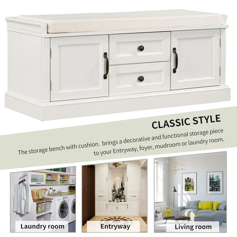 Storage Bench with 2 Drawers and 2 Cabinets