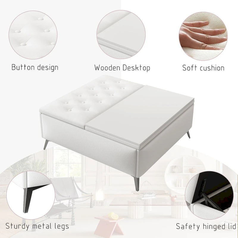 35 inch Wide Square Storage Benches Coffee Table with Lift Top Oversized Storage Ottoman in Upholstered