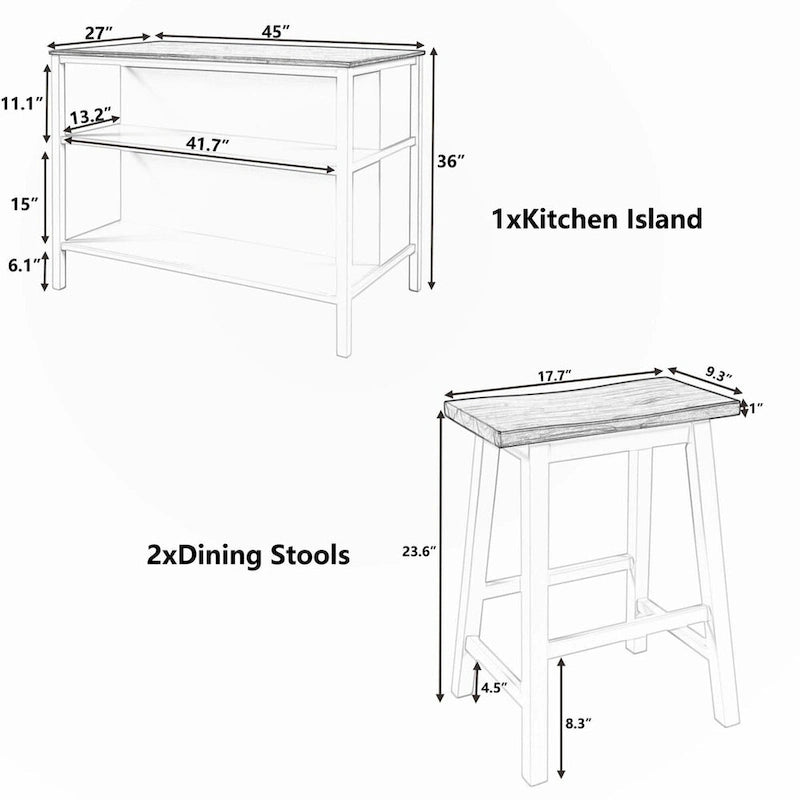 Set da pranzo in legno massello rustico a 3 pezzi con tavolo da macellaio da 45 pollici