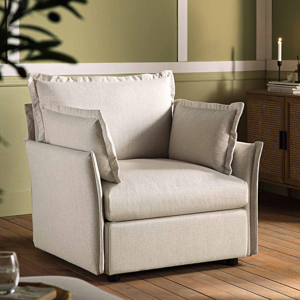 Pillow Edge Beige Fabric Sectional Sofa, 1-Seater