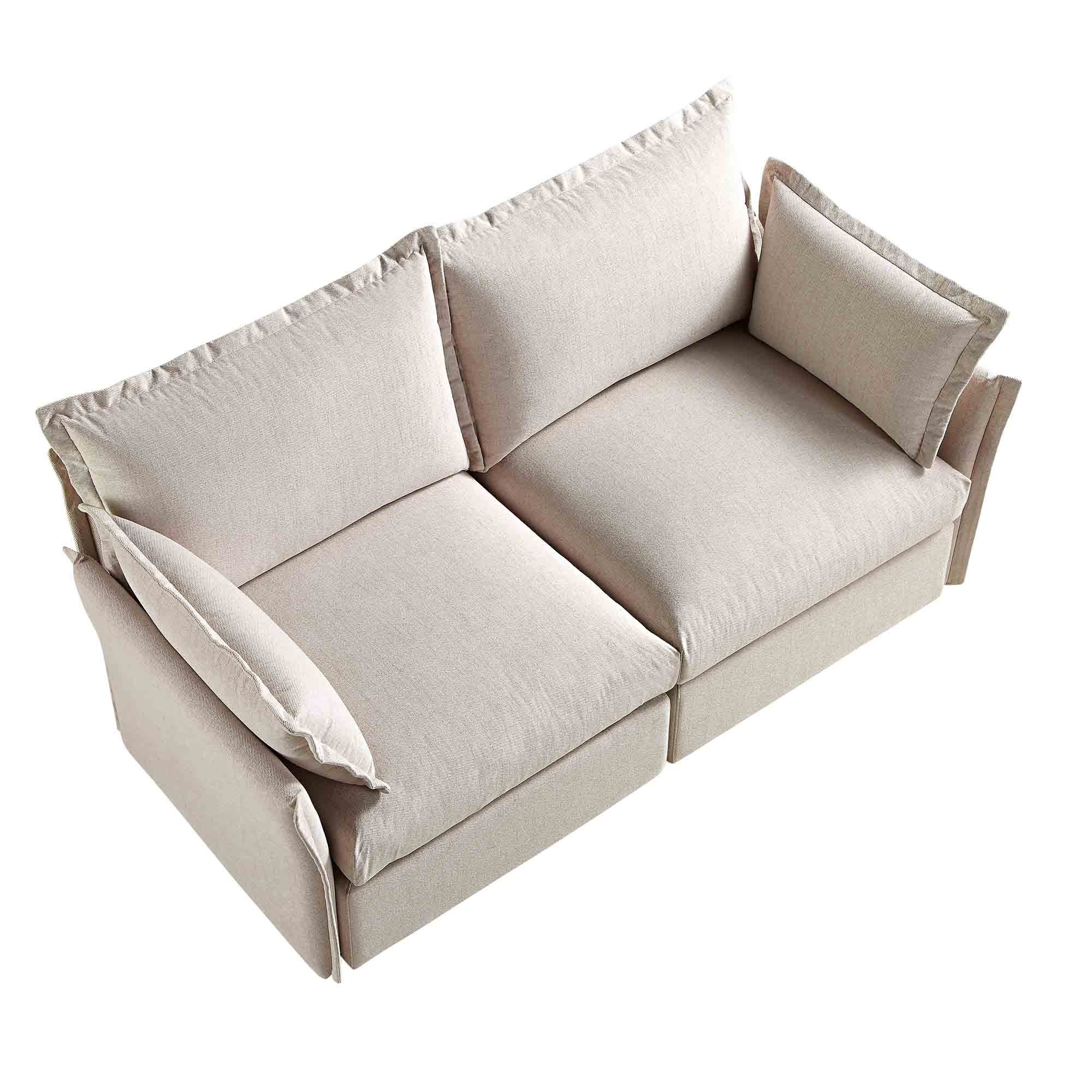 Pillow Edge Beige Fabric Sectional Sofa, 2-Seater