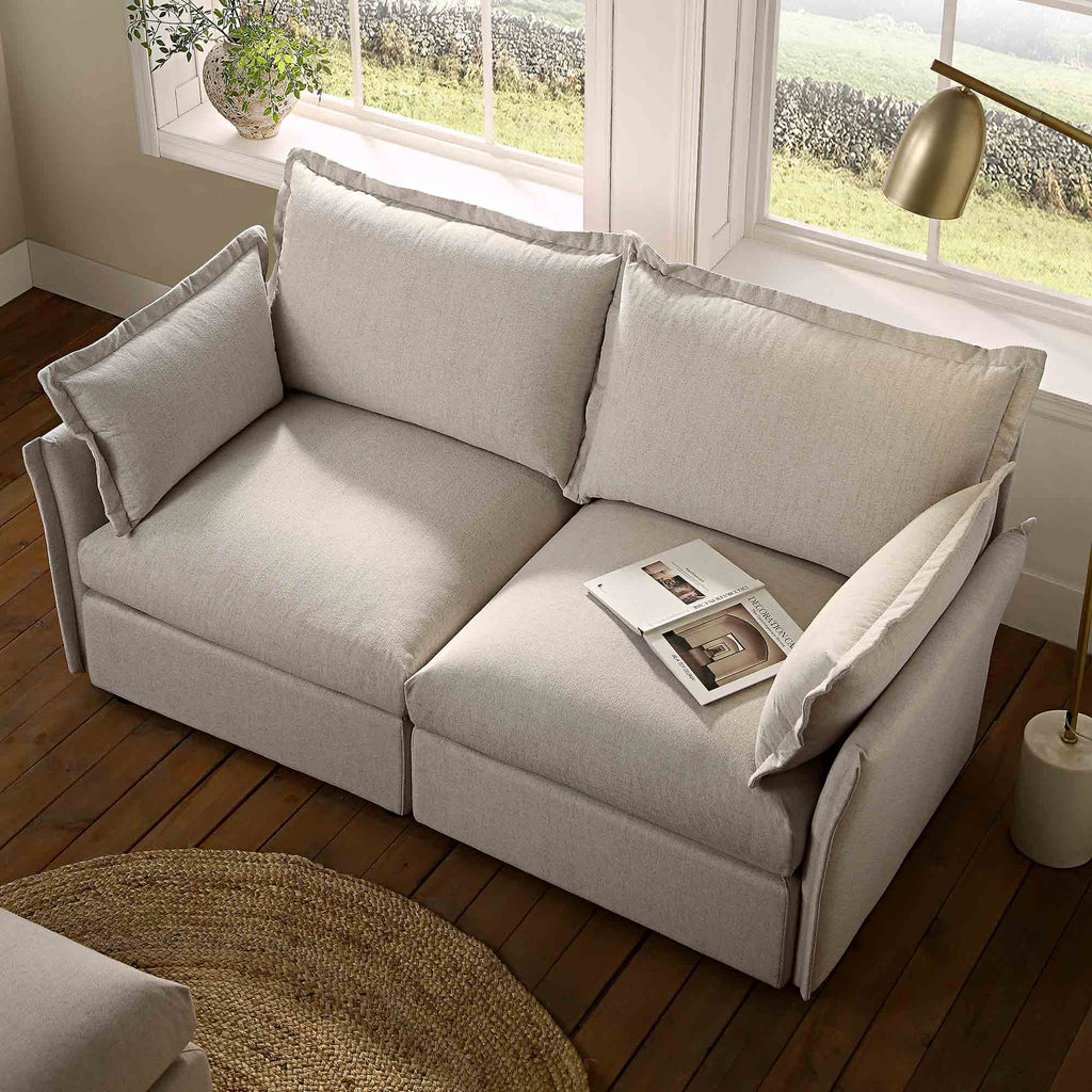 Pillow Edge Beige Fabric Sectional Sofa, 2-Seater