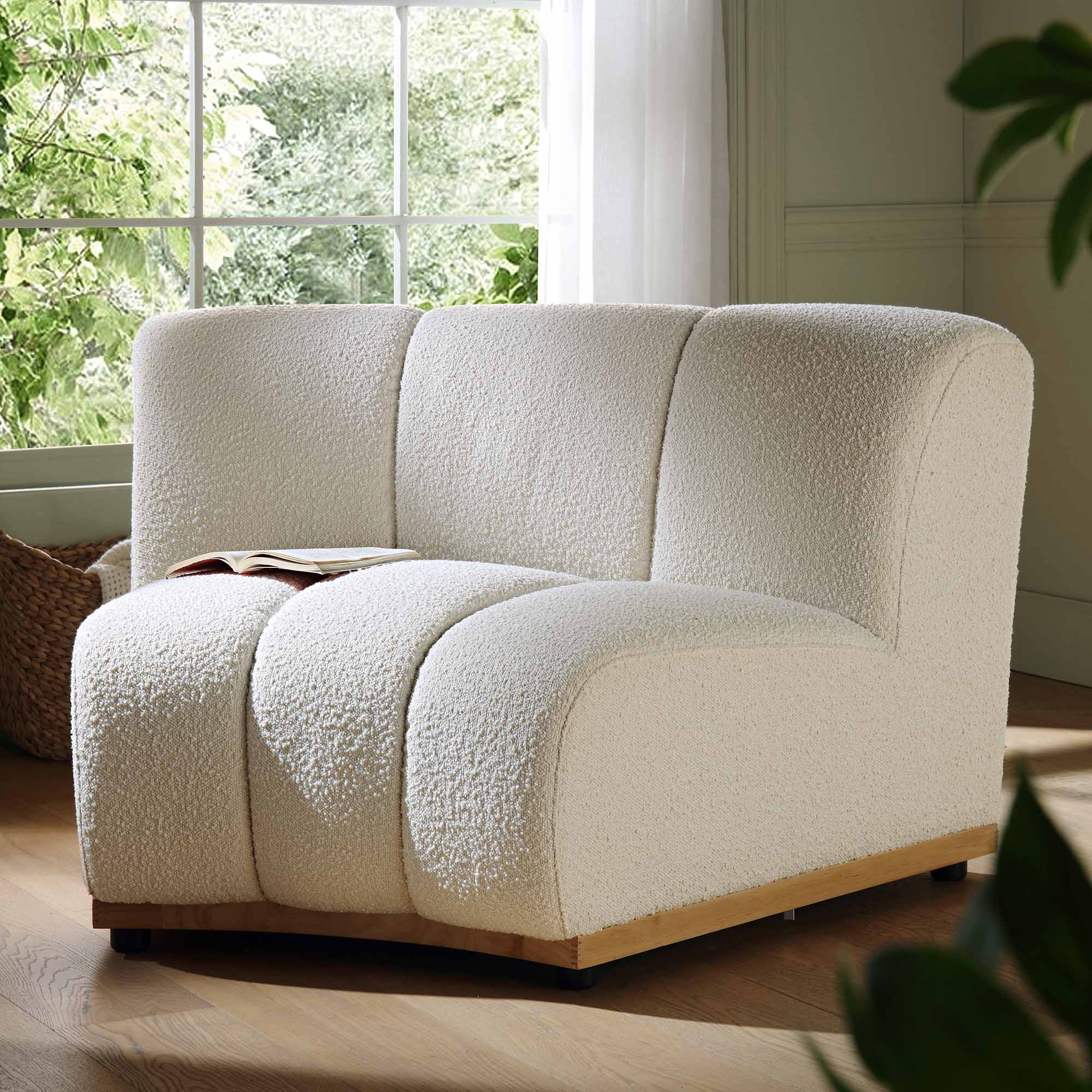 Ecru Boucle Sectional Sofa, 1-Seater Curved Sofa