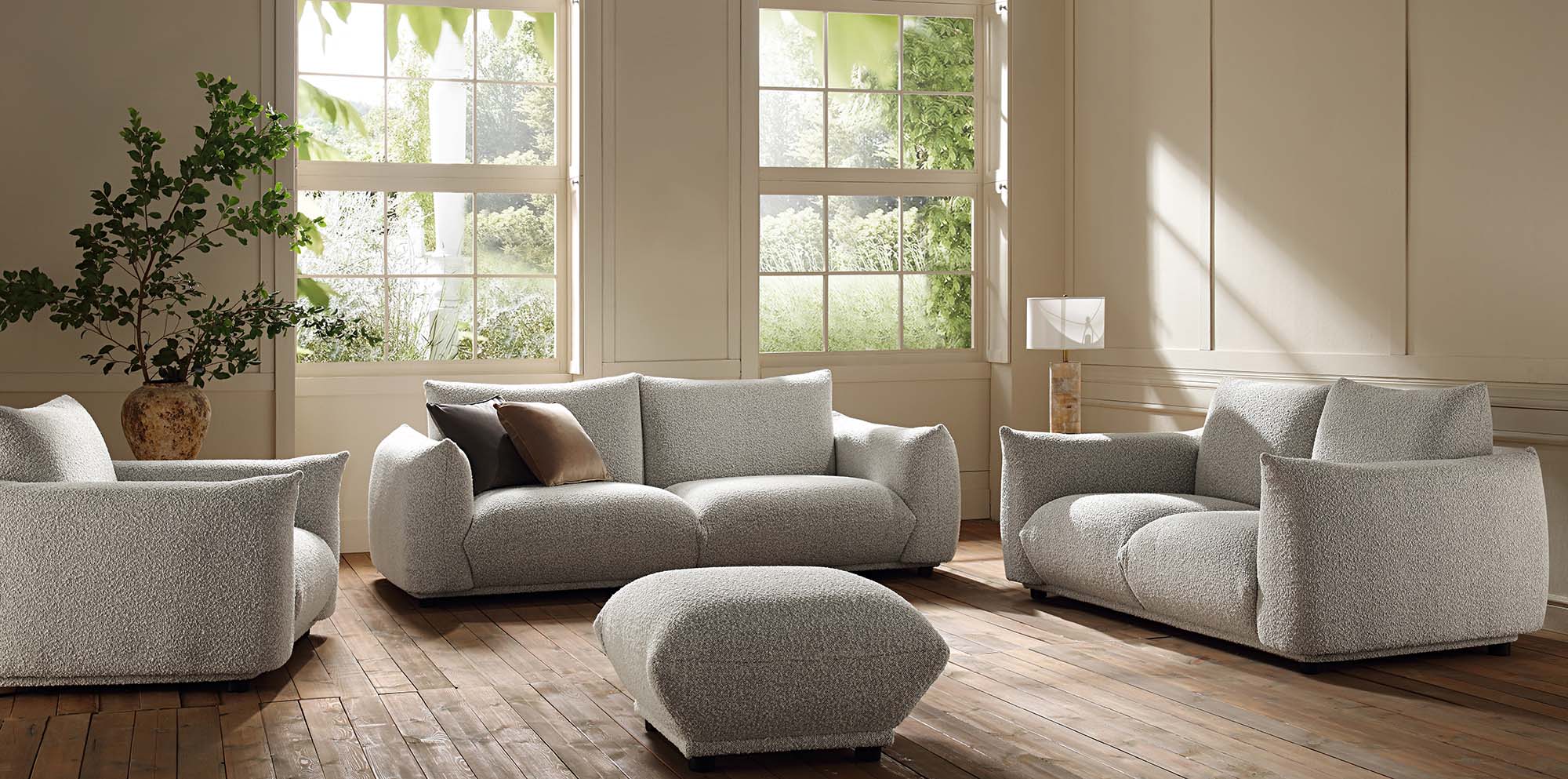68.5" Mist Gray Boucle Two-Seater Sofa with Low Profile Design & Plush Cushions, Modern Curved Silhouette