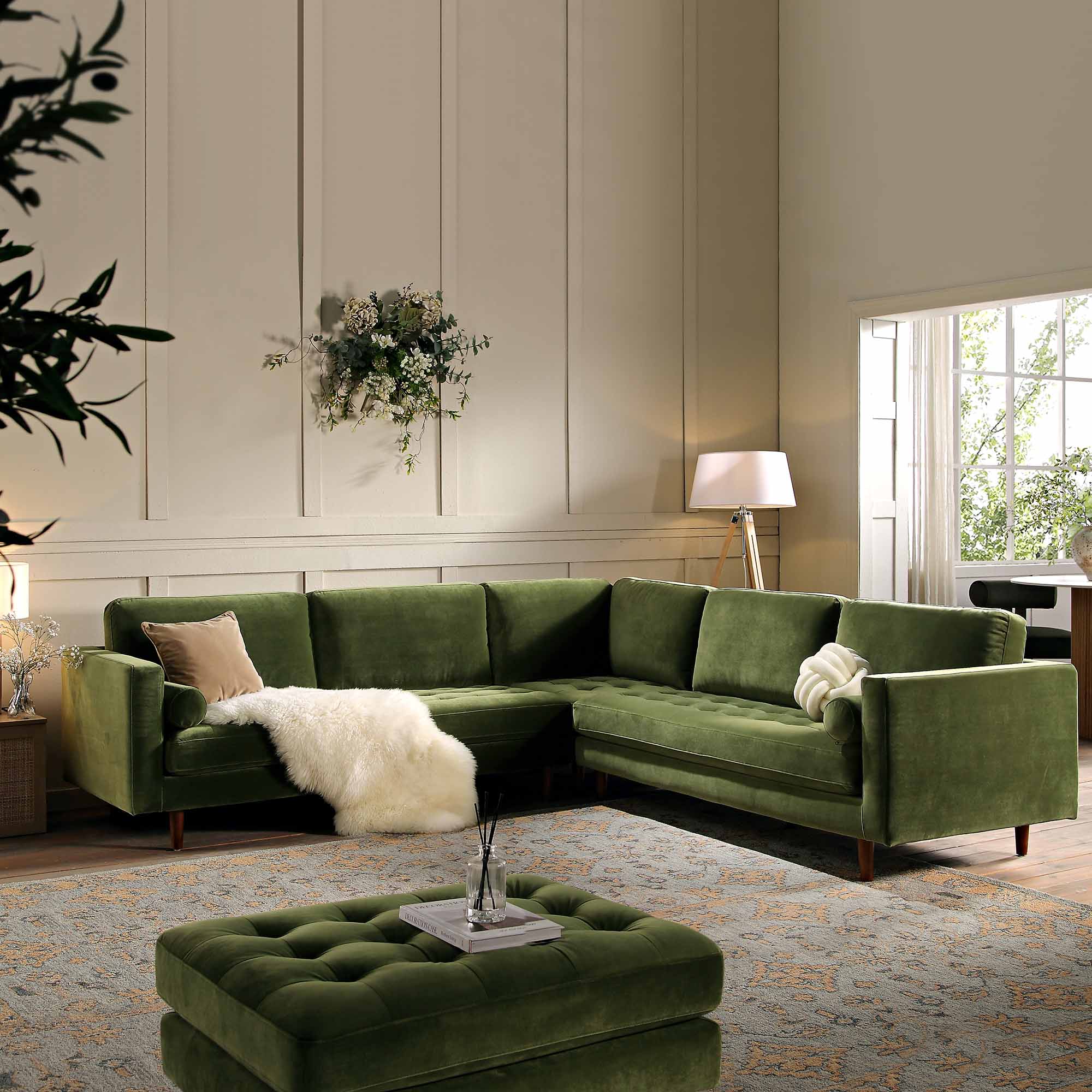 5+Seater Corner Sofa, Moss Green Velvet