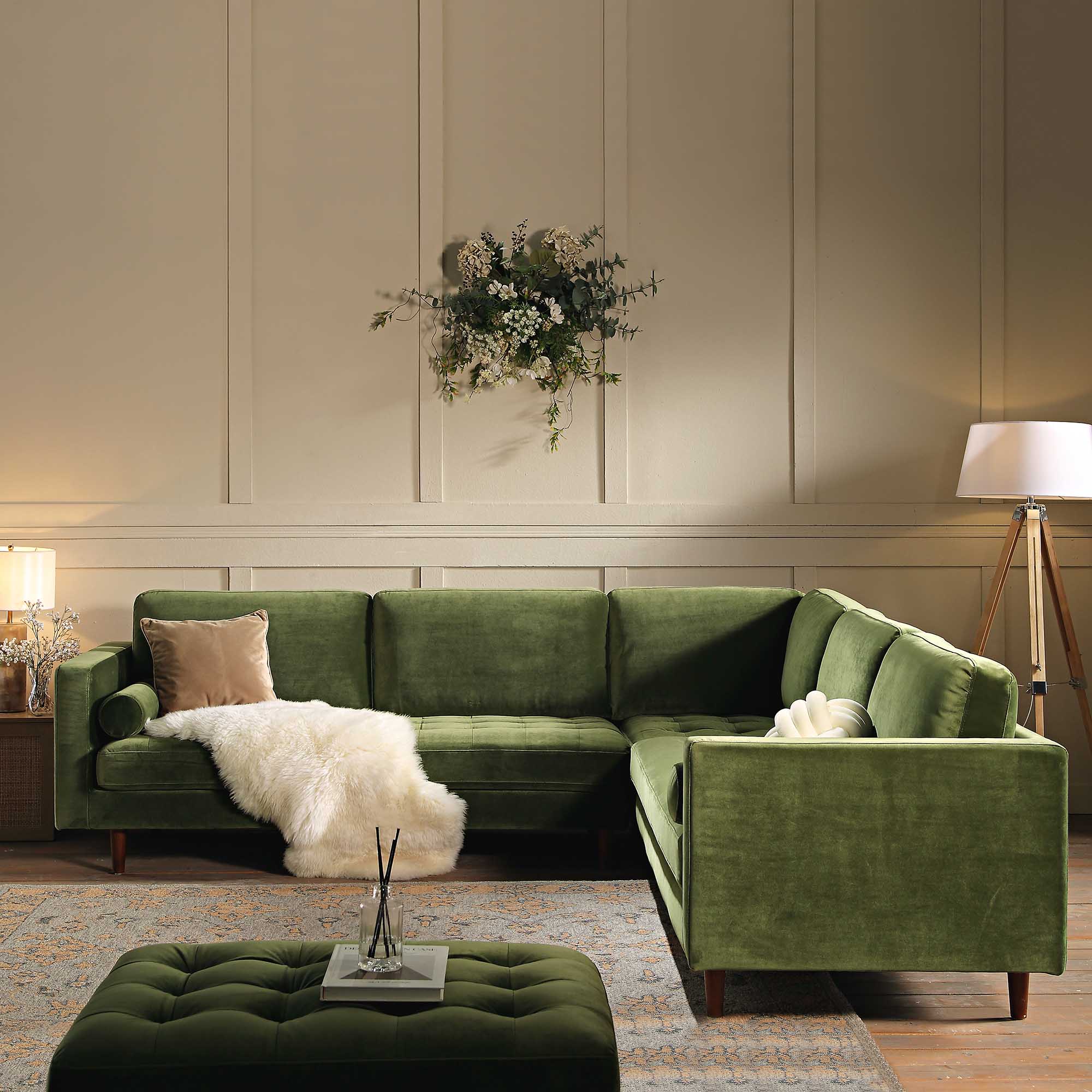 5+Seater Corner Sofa, Moss Green Velvet