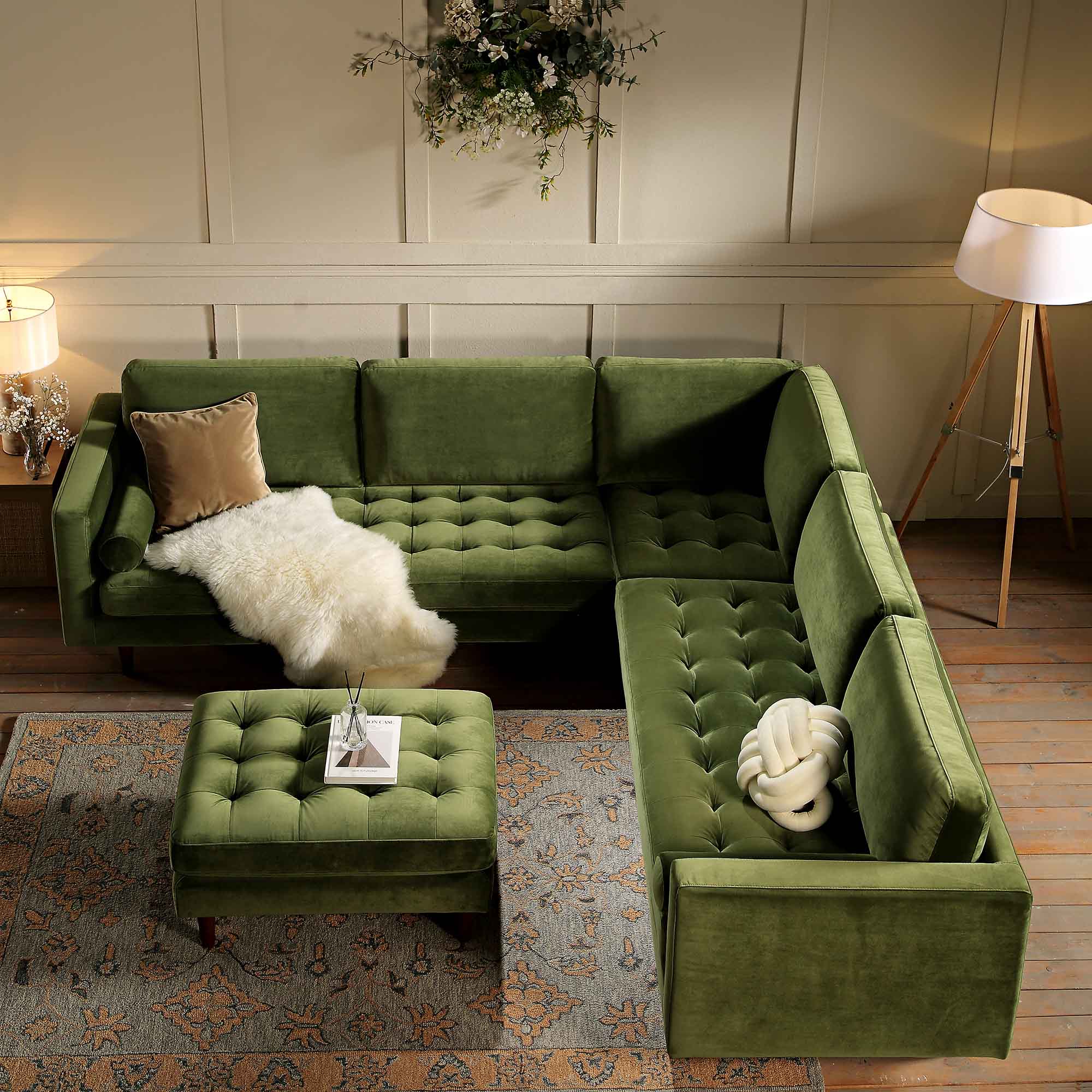 5+Seater Corner Sofa, Moss Green Velvet