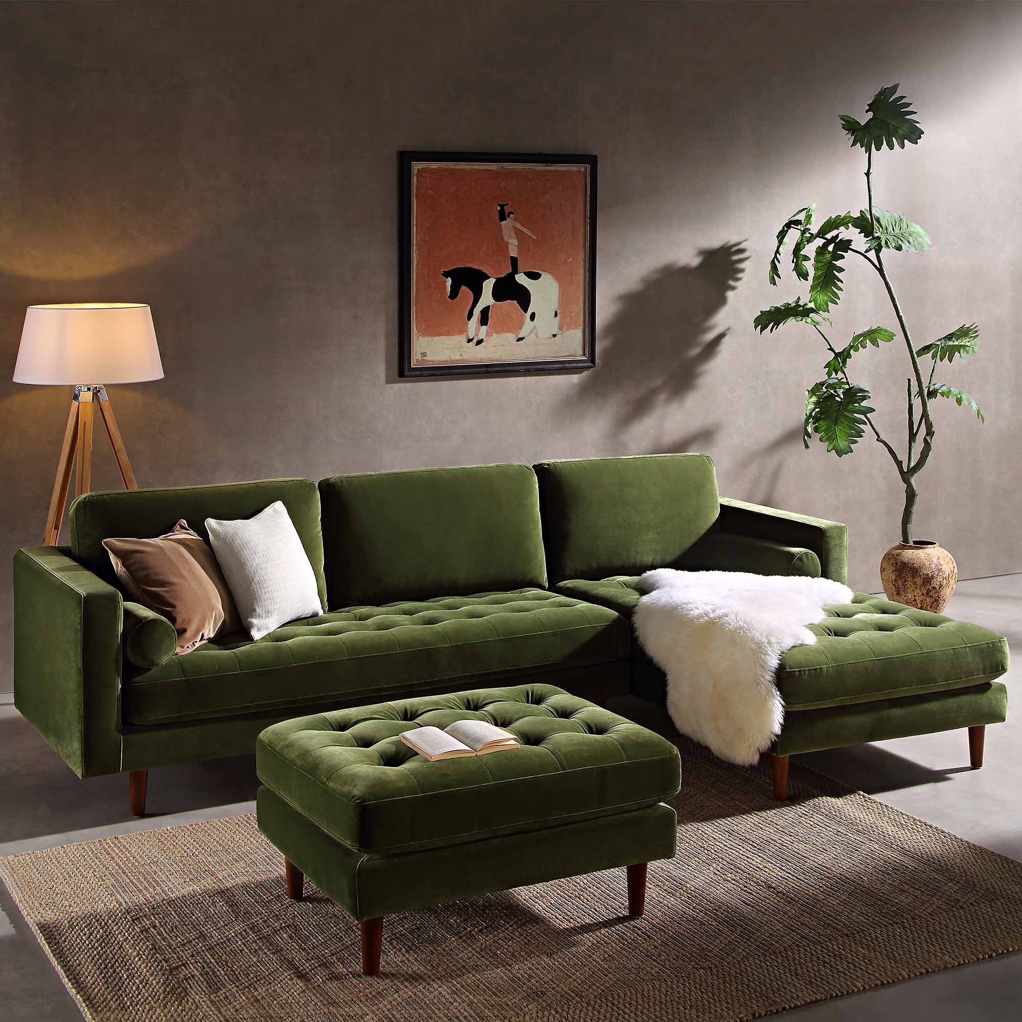 Moss Green Velvet Grand 4-Seater Chaise End Sofa, Right Hand Facing
