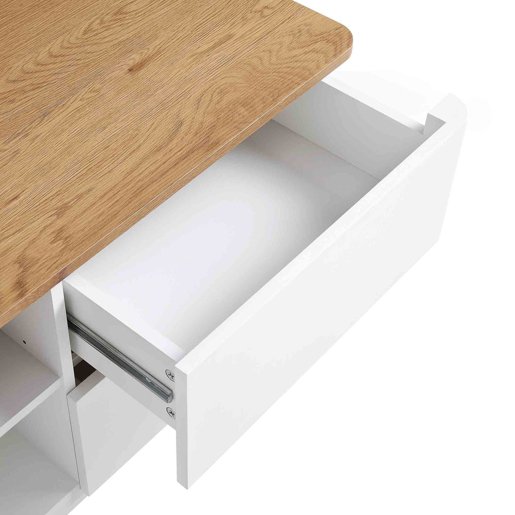 Curved Edge 59in. Wide TV Unit, Off White with Oak Top