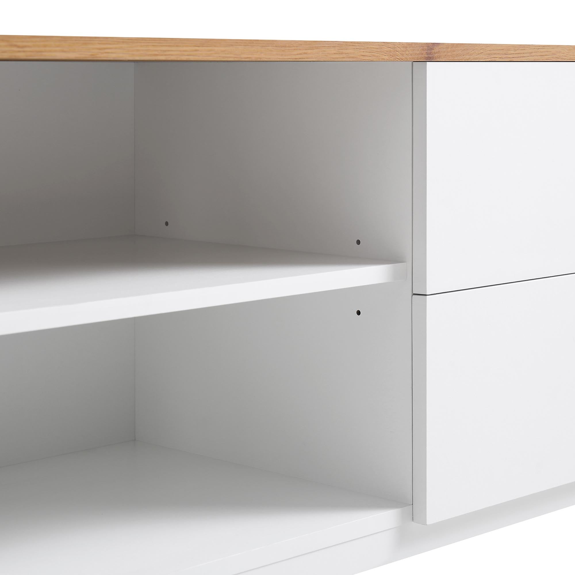 Curved Edge 59in. Wide TV Unit, Off White with Oak Top