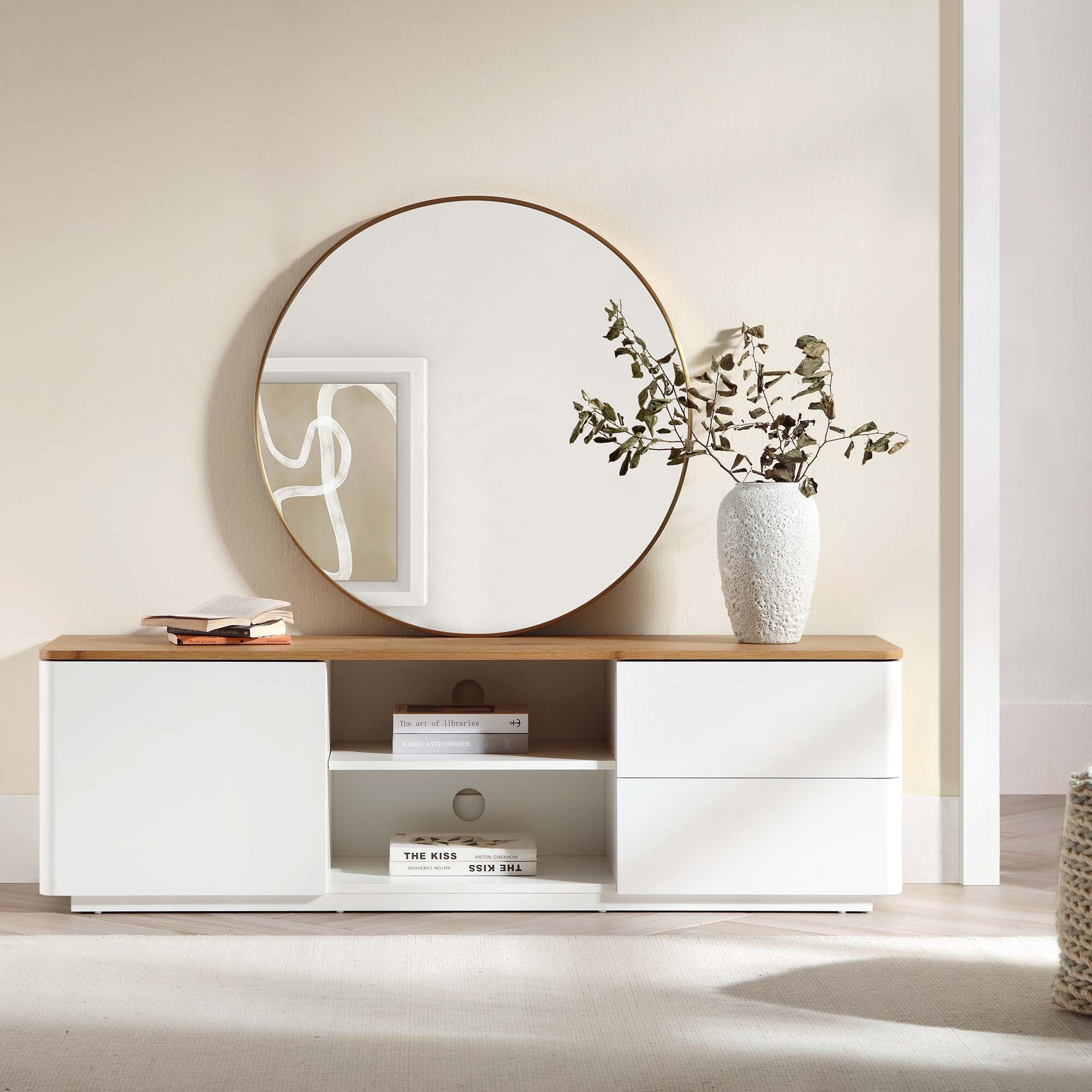 Curved Edge 59in. Wide TV Unit, Off White with Oak Top